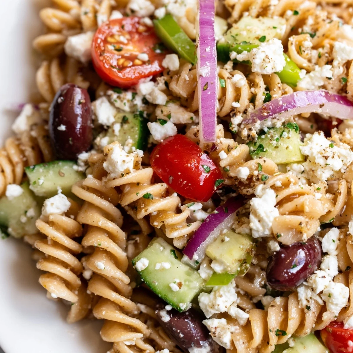 Greek pasta salad in a white serving bowl with Kalamata olives and fresh herbs