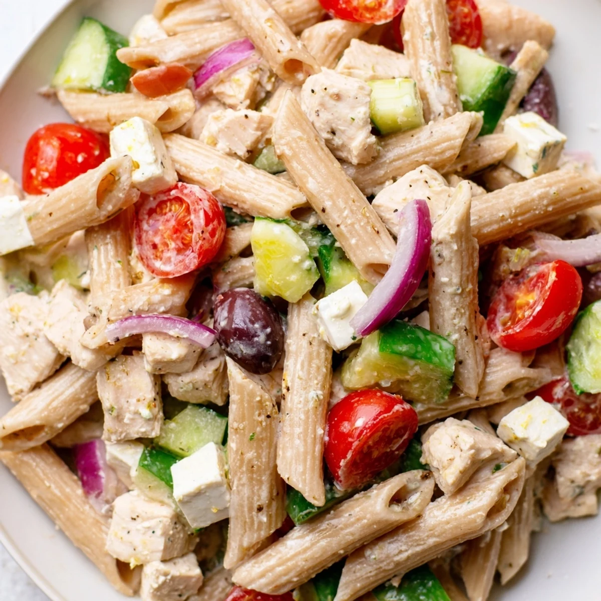 Colorful High Protein Greek Pasta Salad in a bowl with feta, tomatoes, and olives