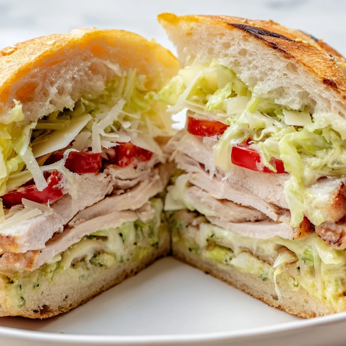 Juicy grilled chicken Caesar sandwich with crisp romaine and creamy dressing on golden toasted ciabatta