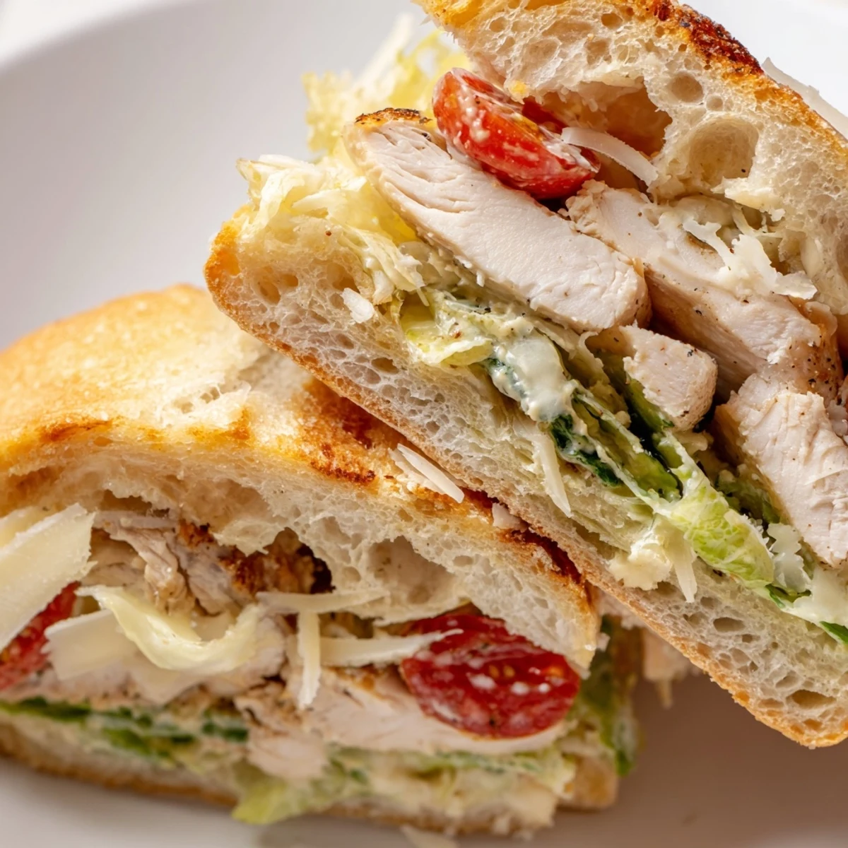 Crisp romaine and shaved Parmesan top this hearty chicken Caesar sandwich on toasted crusty bread