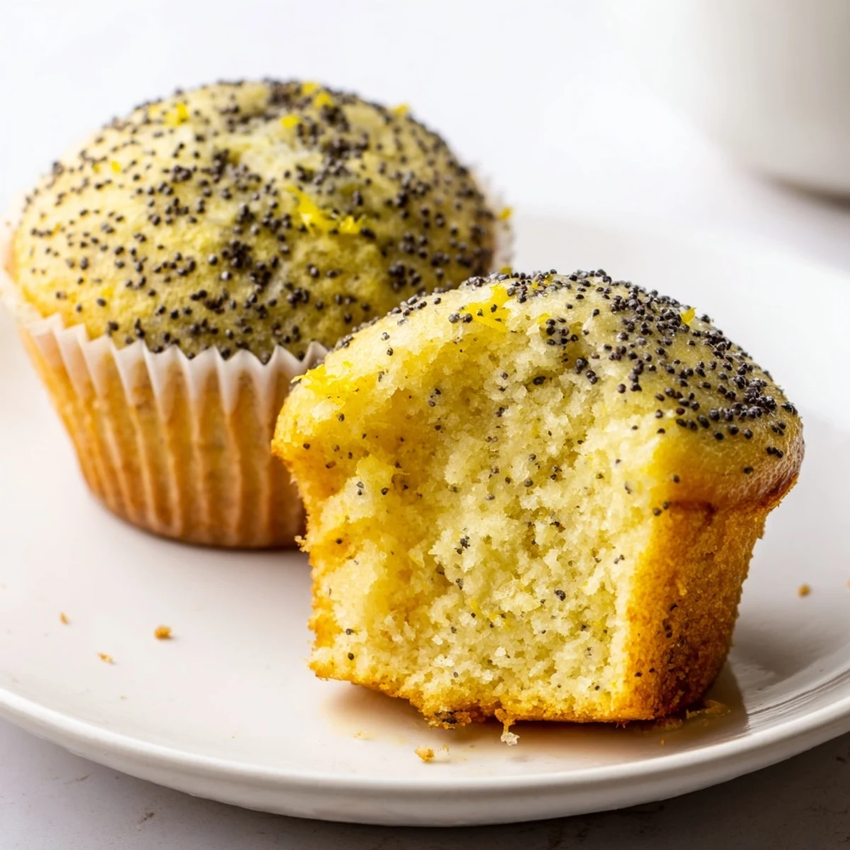 Golden lemon poppy seed muffins with domed tops fresh from the oven on a wire cooling rack