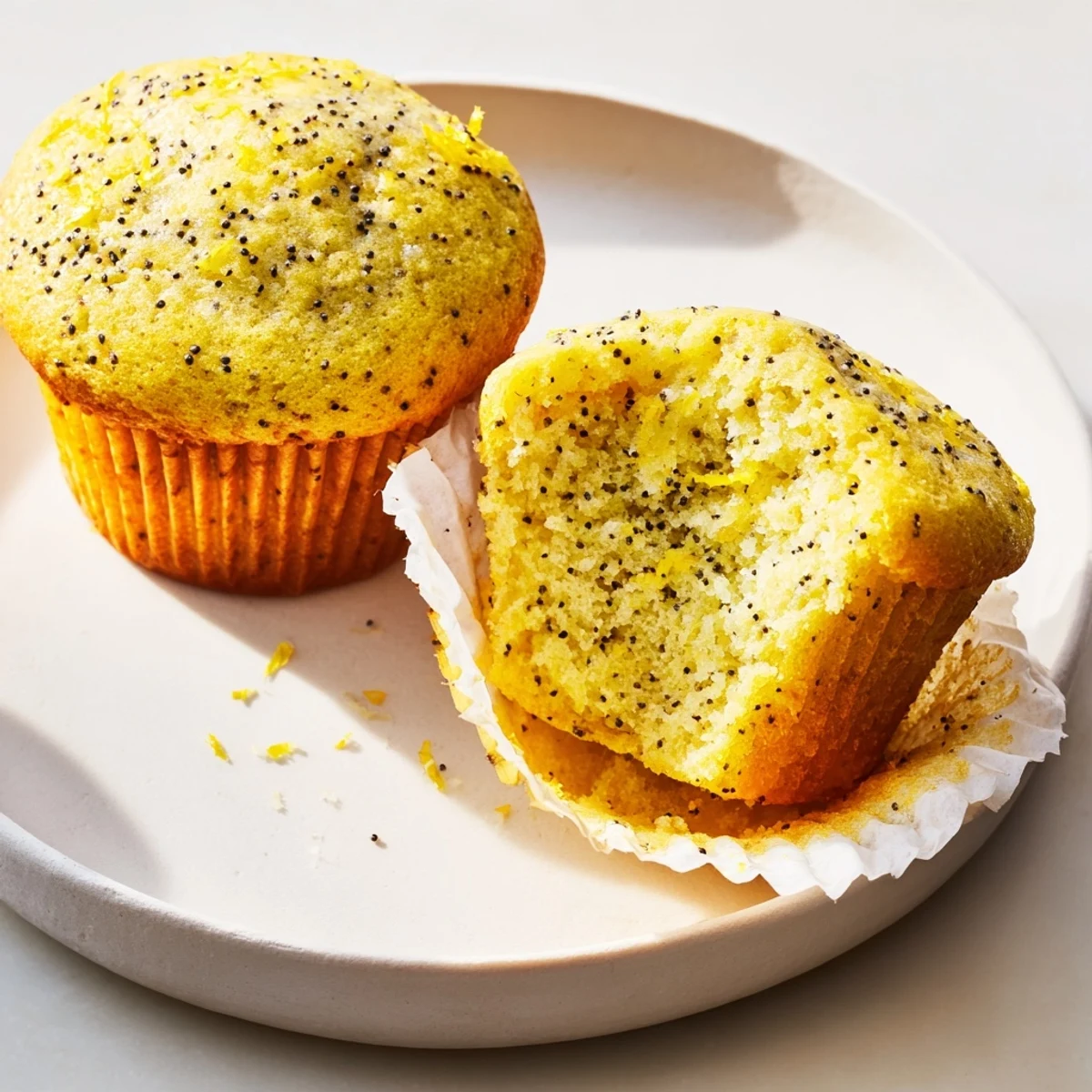 Moist lemon poppy seed muffins flecked with zest arranged on a rustic ceramic serving plate