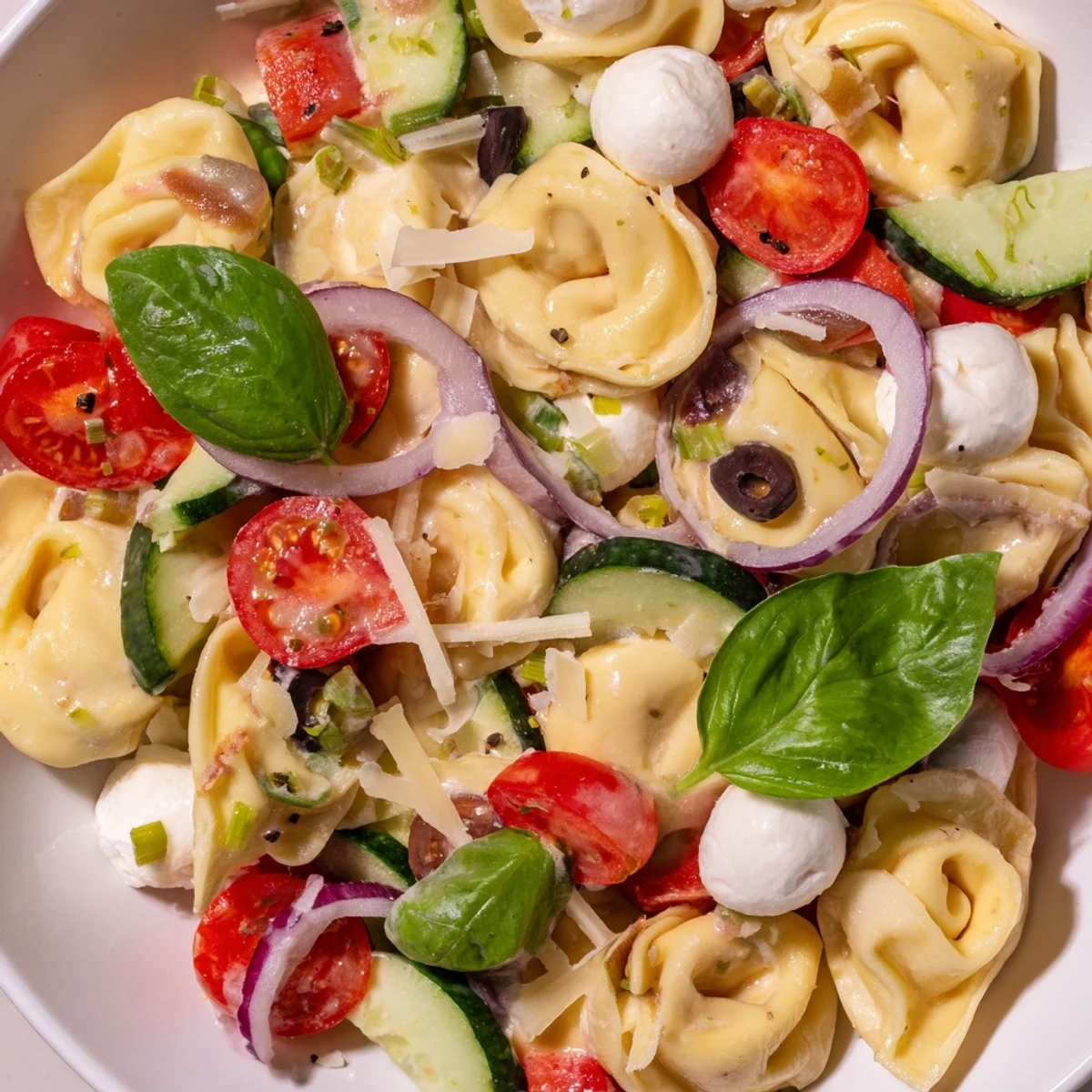 Colorful tortellini salad with ripe cherry tomatoes, crisp cucumber, and tangy Italian dressing in a white serving bowl