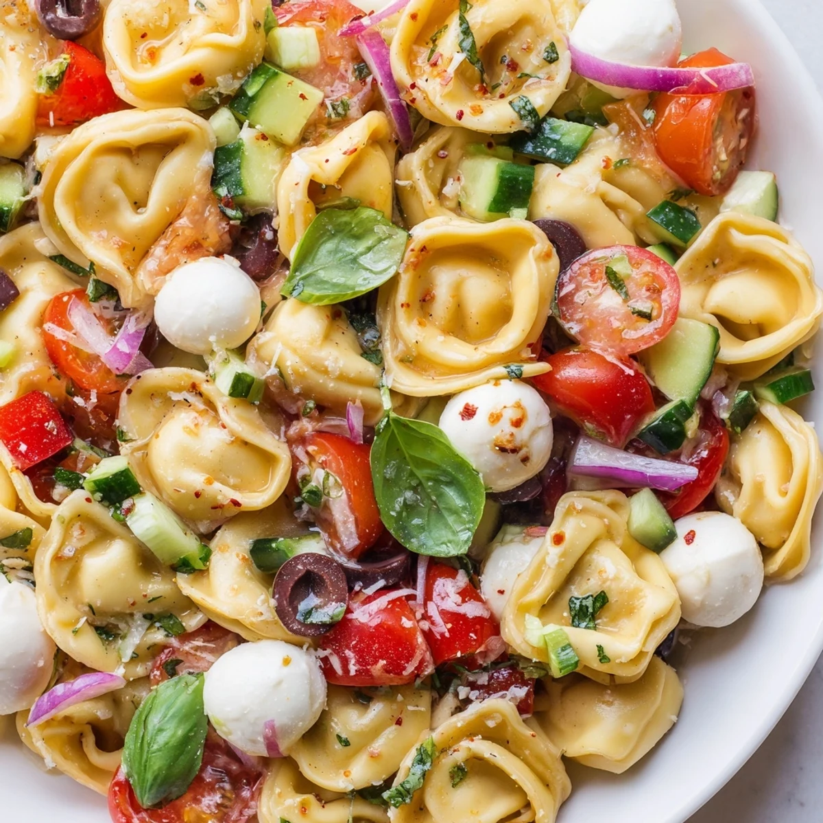 Tortellini salad featuring tender cheese pasta, fresh mozzarella, and vibrant vegetables tossed in herb dressing