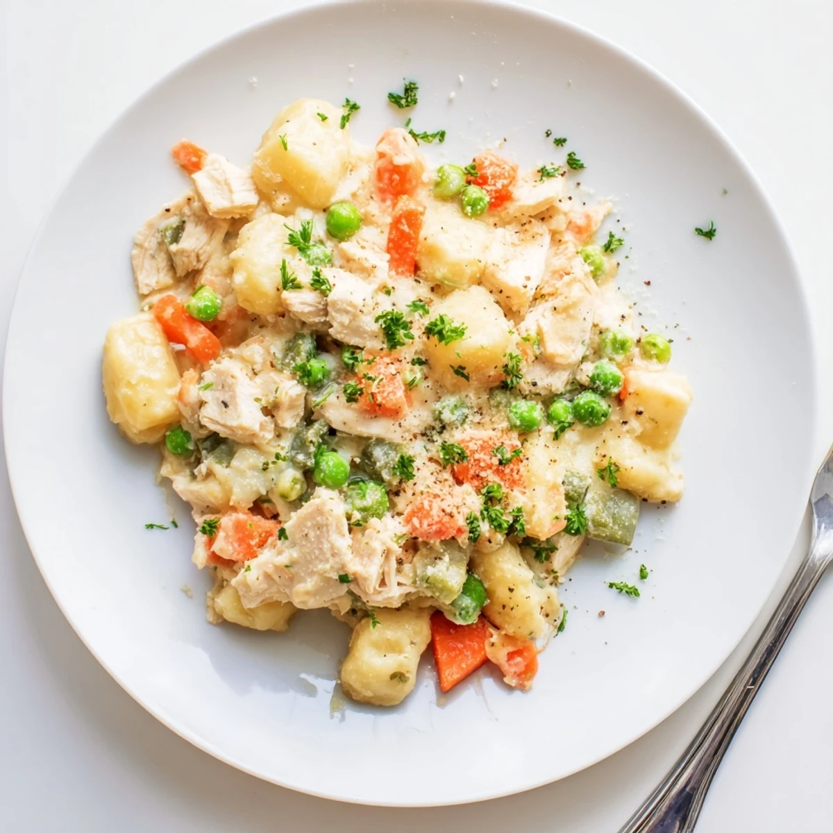One pot gnocchi chicken pot pie in a creamy sauce with tender vegetables and golden garnish