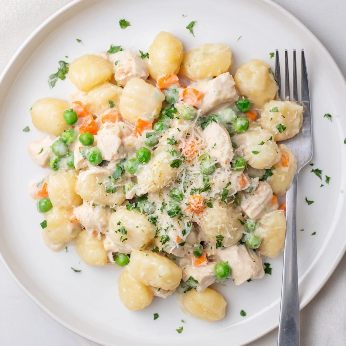 Creamy one pot gnocchi chicken pot pie topped with fresh parsley in a rustic skillet