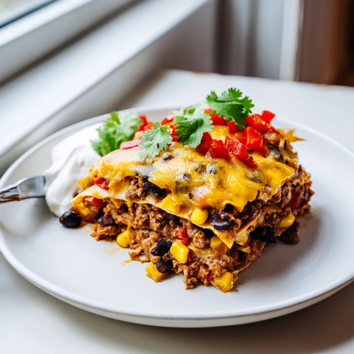 Golden bubbling Mexican lasagna with layers of seasoned beef, beans, and melted cheese fresh from oven