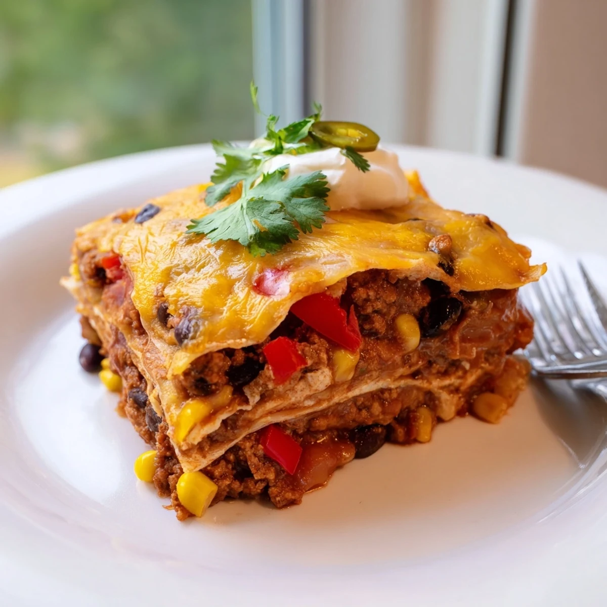 Steaming Mexican lasagna casserole cut into squares revealing tender tortilla layers and gooey cheese
