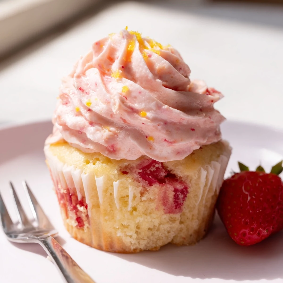 Pink frosted strawberry lemonade cupcakes topped with swirls of citrus buttercream on a rustic serving plate