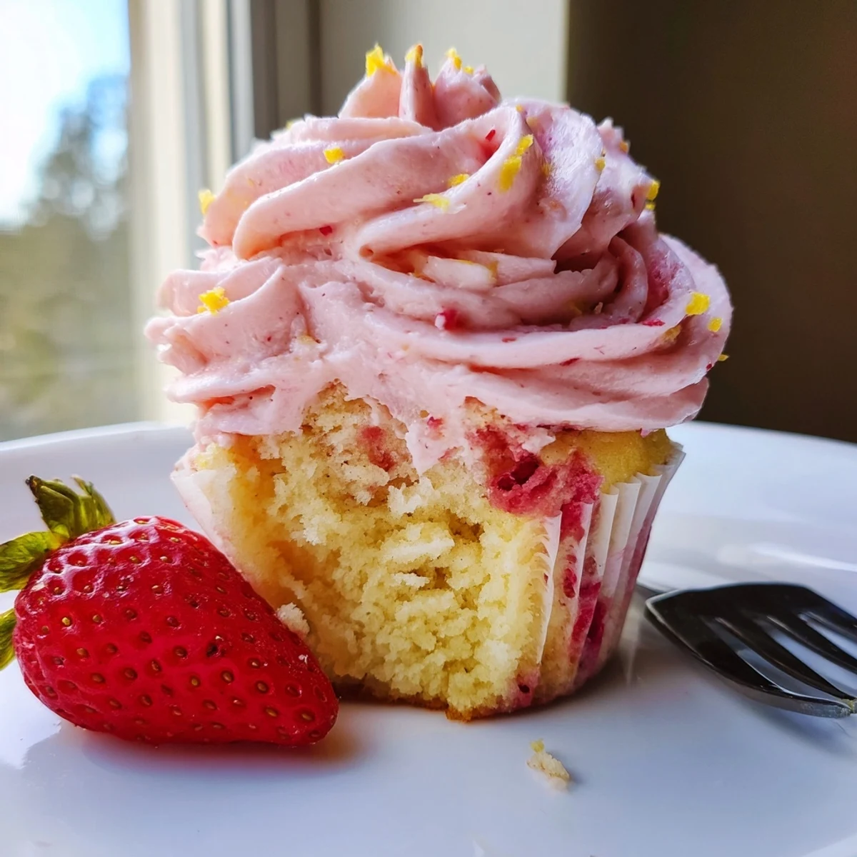Fresh strawberry lemonade cupcakes with fluffy pink frosting piped high and garnished with lemon zest