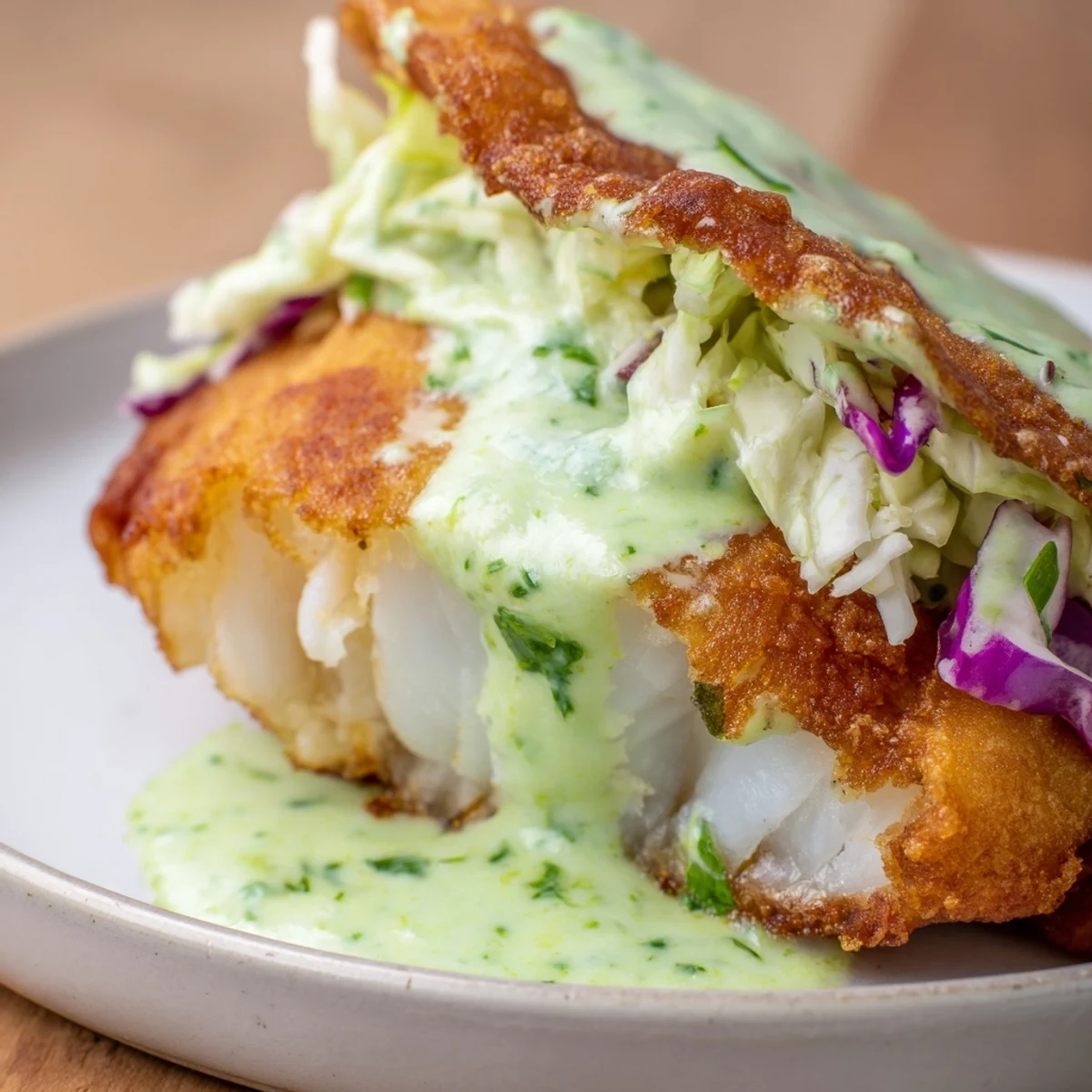 Golden crispy fish tacos with avocado crema drizzled over fresh cabbage slaw in warm tortillas