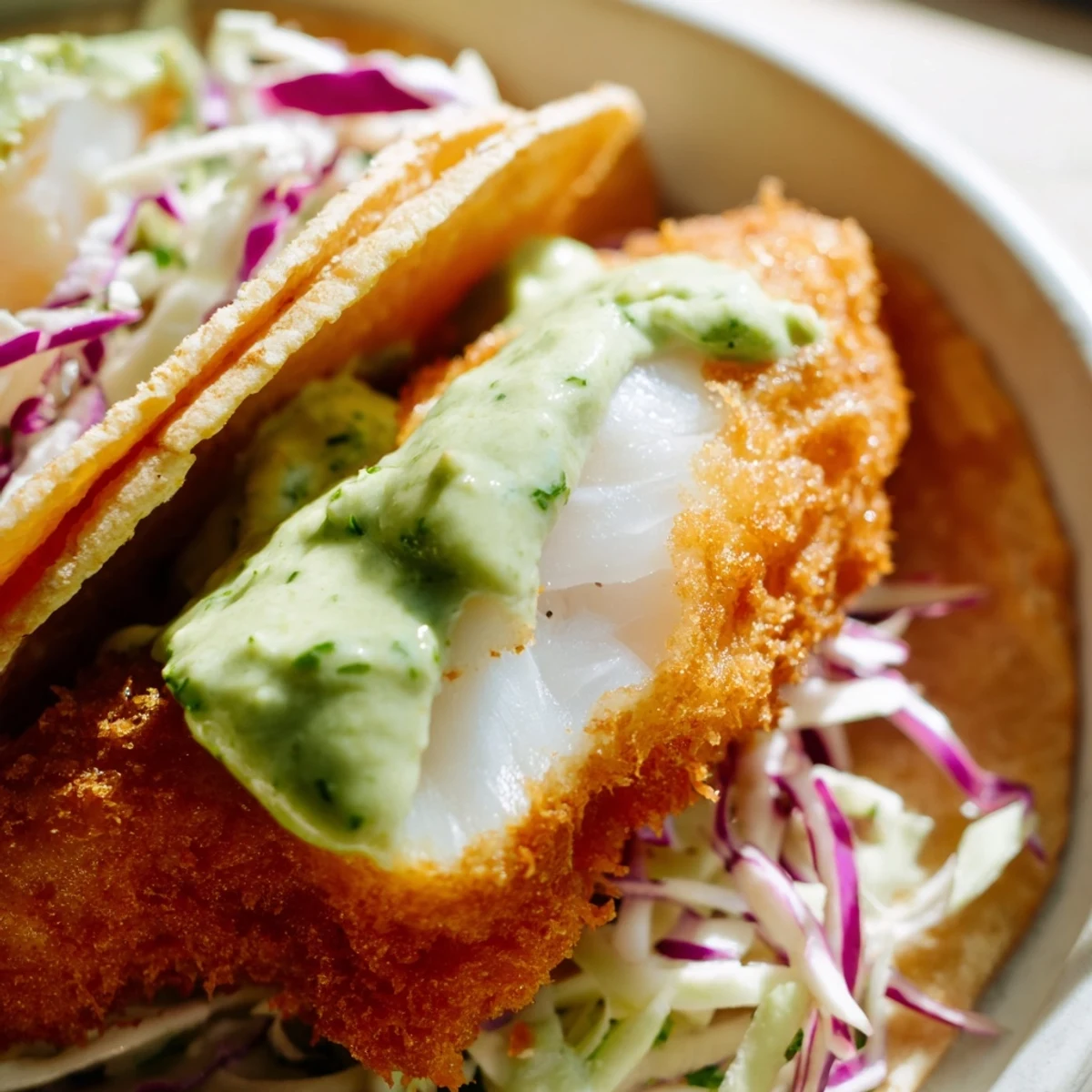 Baja fish tacos topped with creamy green avocado sauce and tangy lime-kissed cabbage slaw
