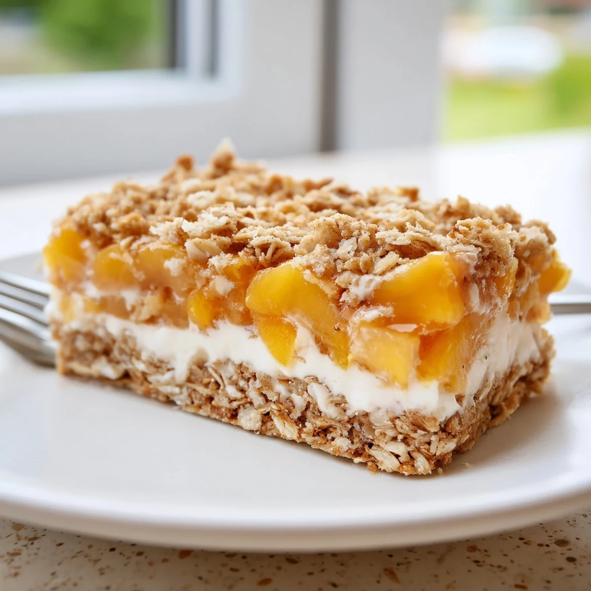 Golden Peaches and Cream Crumble Bars sliced on a rustic wooden cutting board