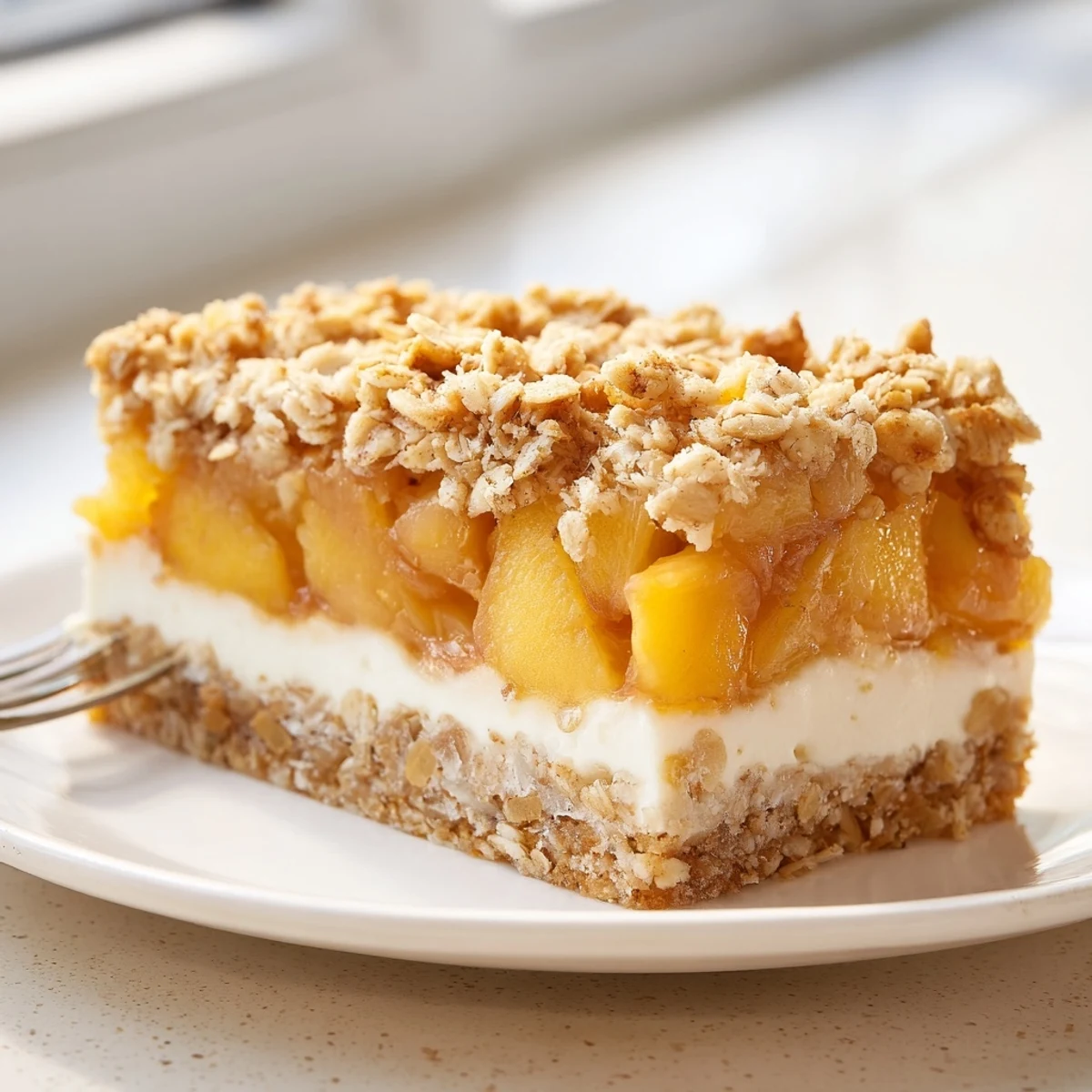Warm Peaches and Cream Crumble Bars topped with a scoop of vanilla bean ice cream