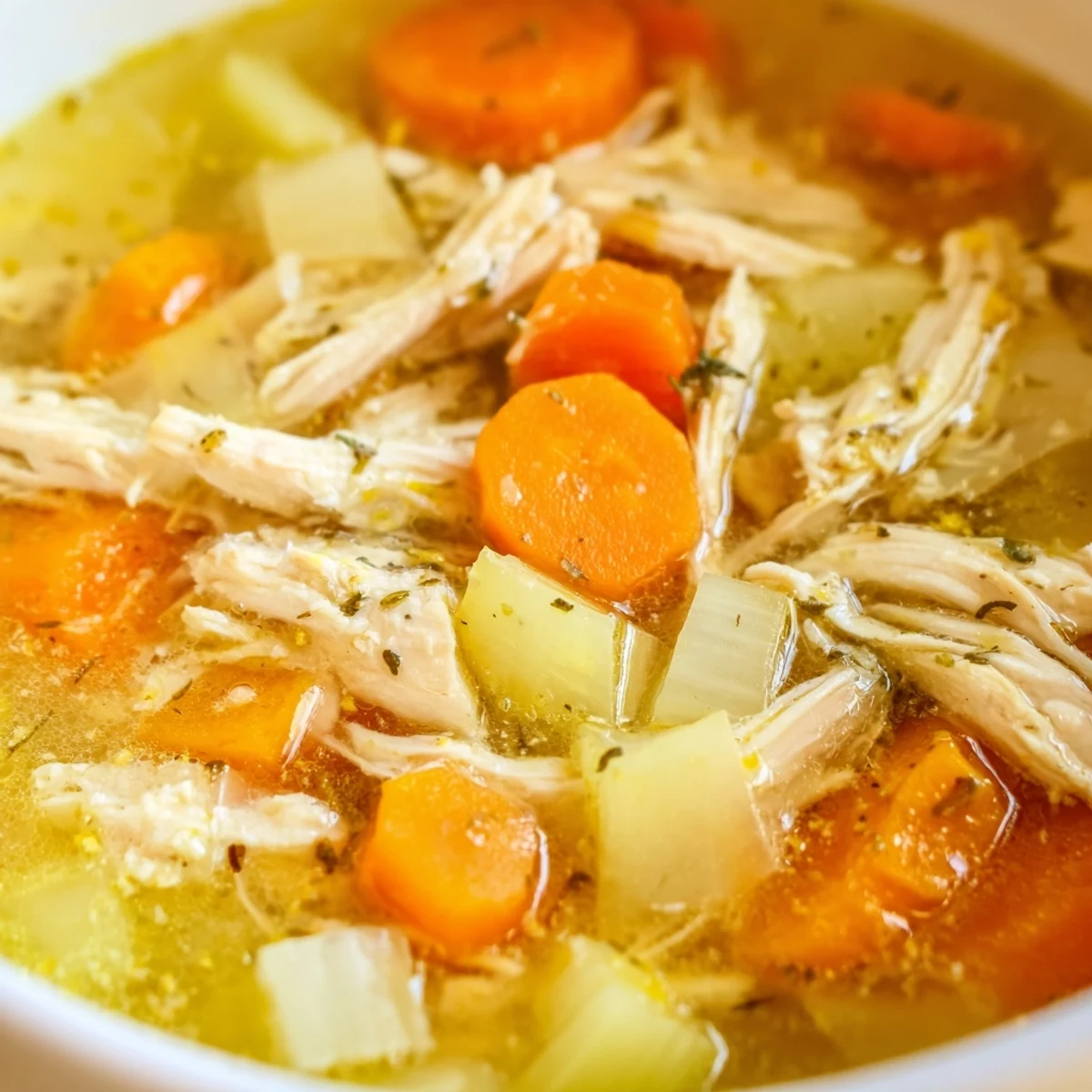 A steaming bowl of crockpot lemon chicken soup garnished with fresh parsley and lemon slices