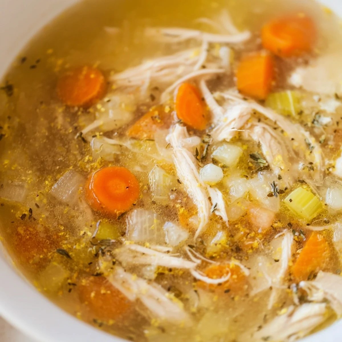 Tender shredded chicken and vibrant vegetables in a golden bowl of crockpot lemon chicken soup