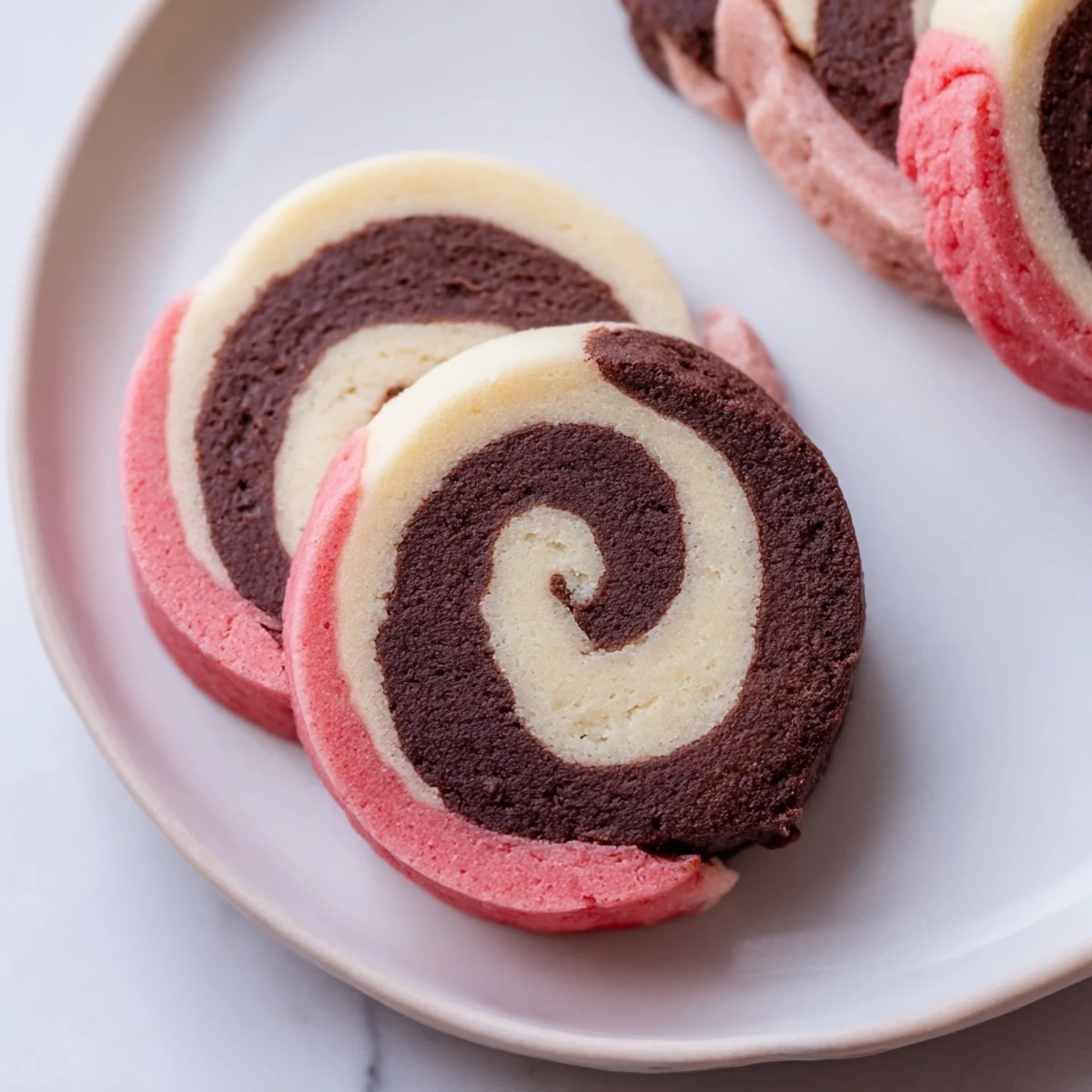 Neapolitan Swirl Cookies with chocolate, vanilla, and strawberry spirals on a rustic wooden serving board