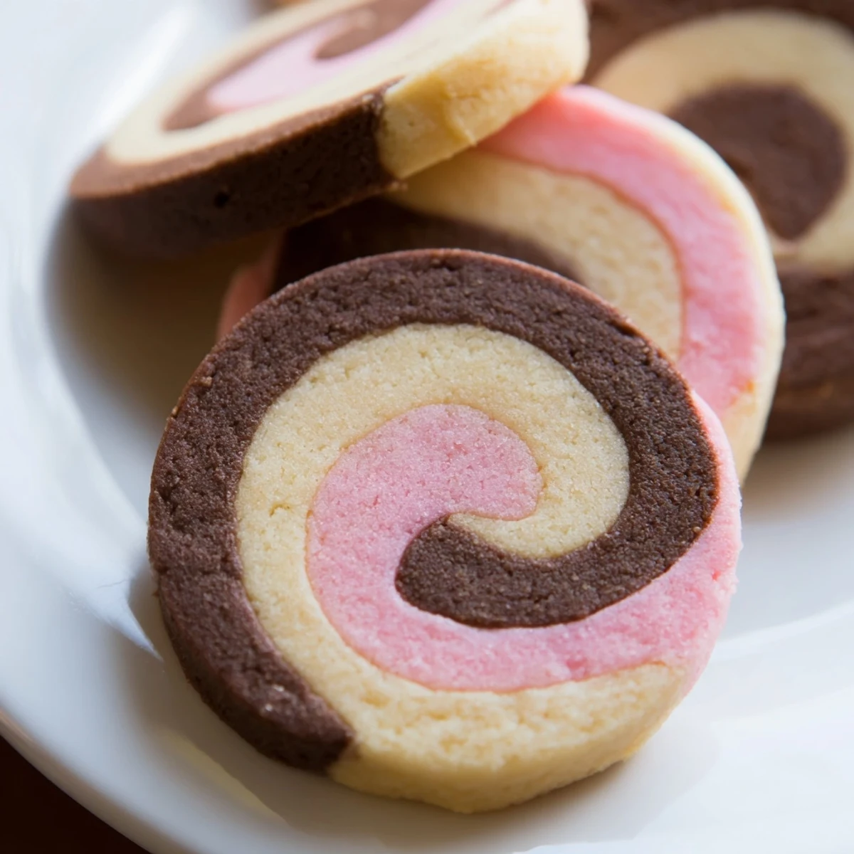 Soft Neapolitan Swirl Cookies sliced to reveal tri-color pinwheel centers fresh from the oven