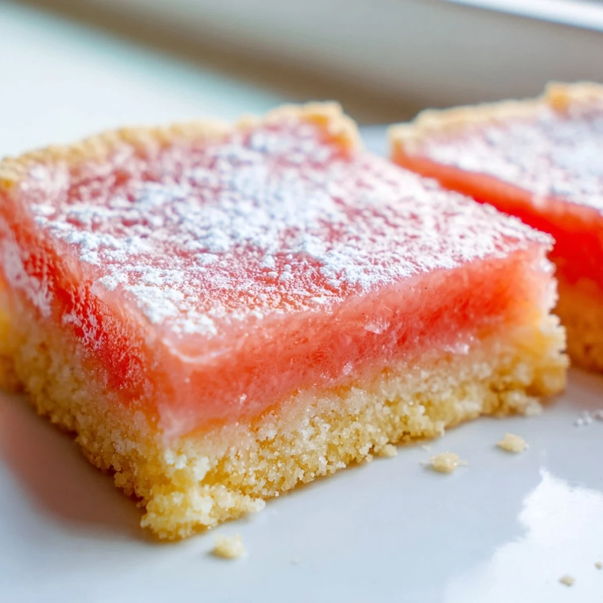 Golden grapefruit bars with tangy custard on a buttery shortbread crust, dusted with powdered sugar