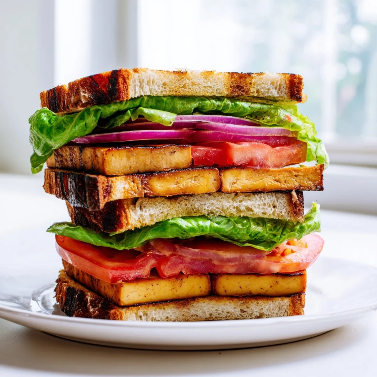 Smoky Tofu TLT Sandwich stacked high with crisp lettuce and juicy red tomato slices on toasted sourdough bread