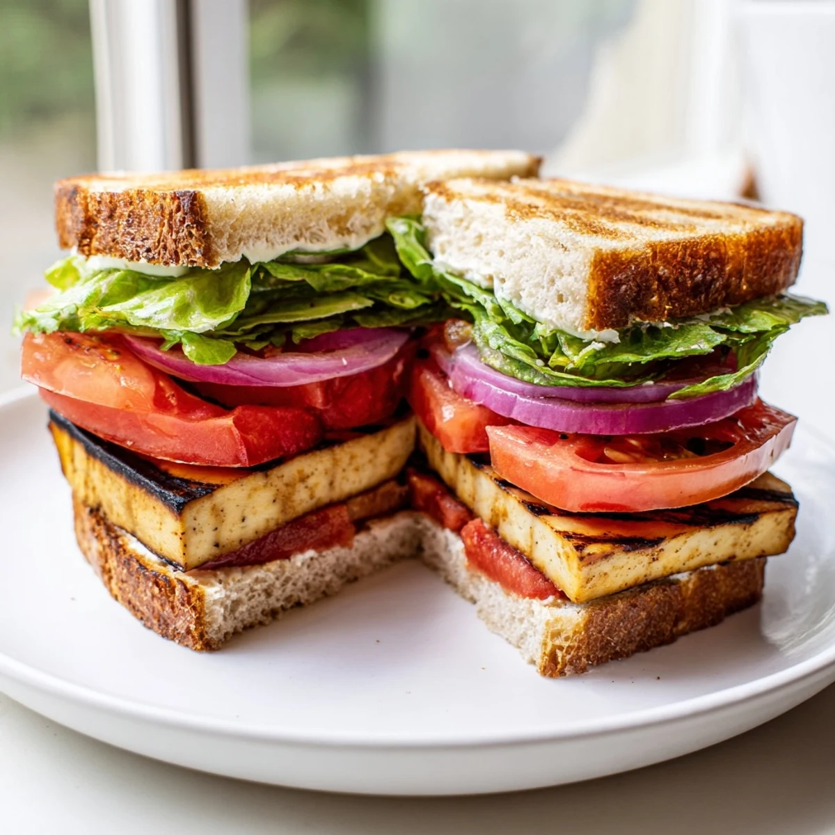 Summer Smoky Tofu TLT Sandwich cut in half revealing charred tofu crunchy lettuce and bright tomato layers