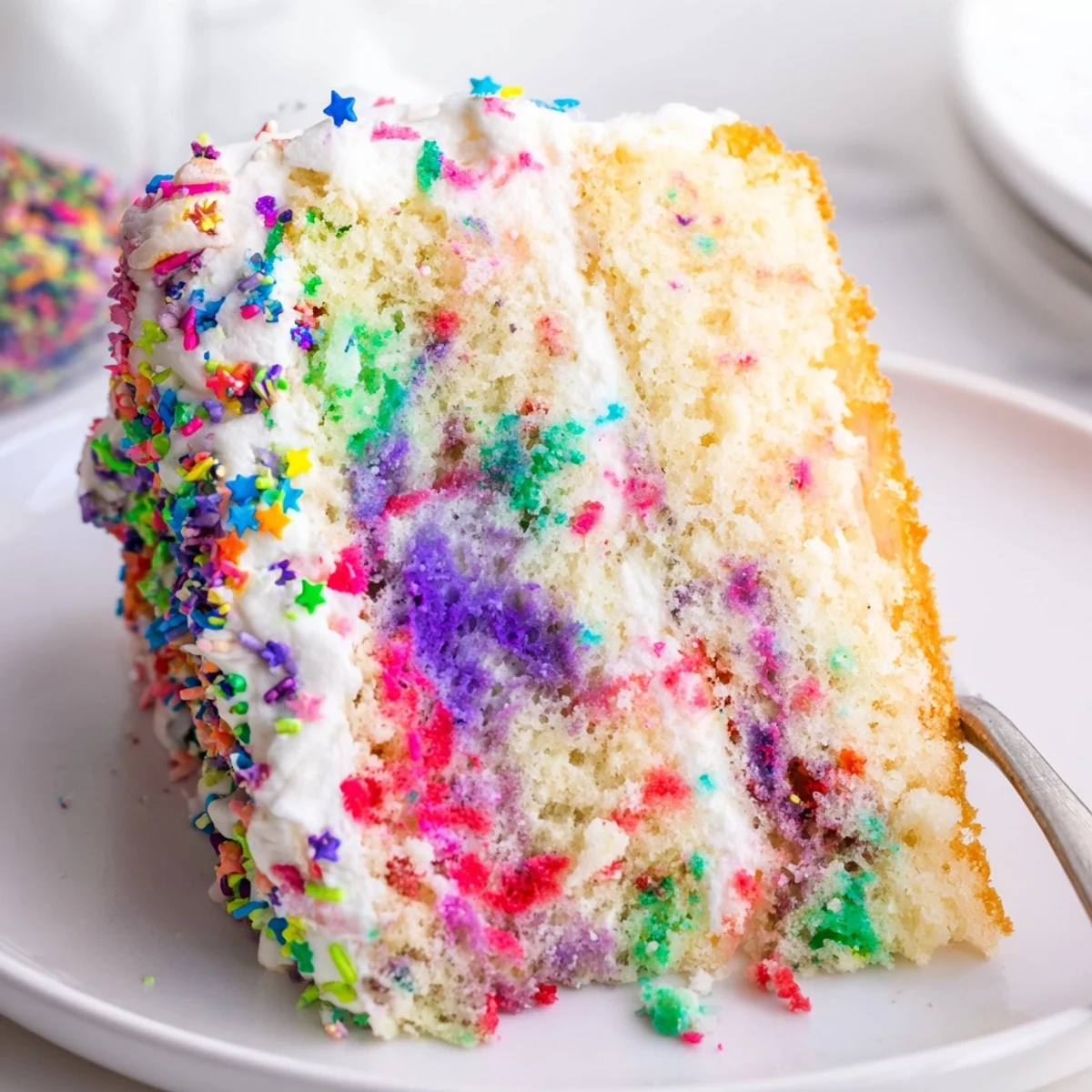 A slice of Unicorn Poke Cake reveals vibrant rainbow pudding stripes beneath fluffy whipped topping.