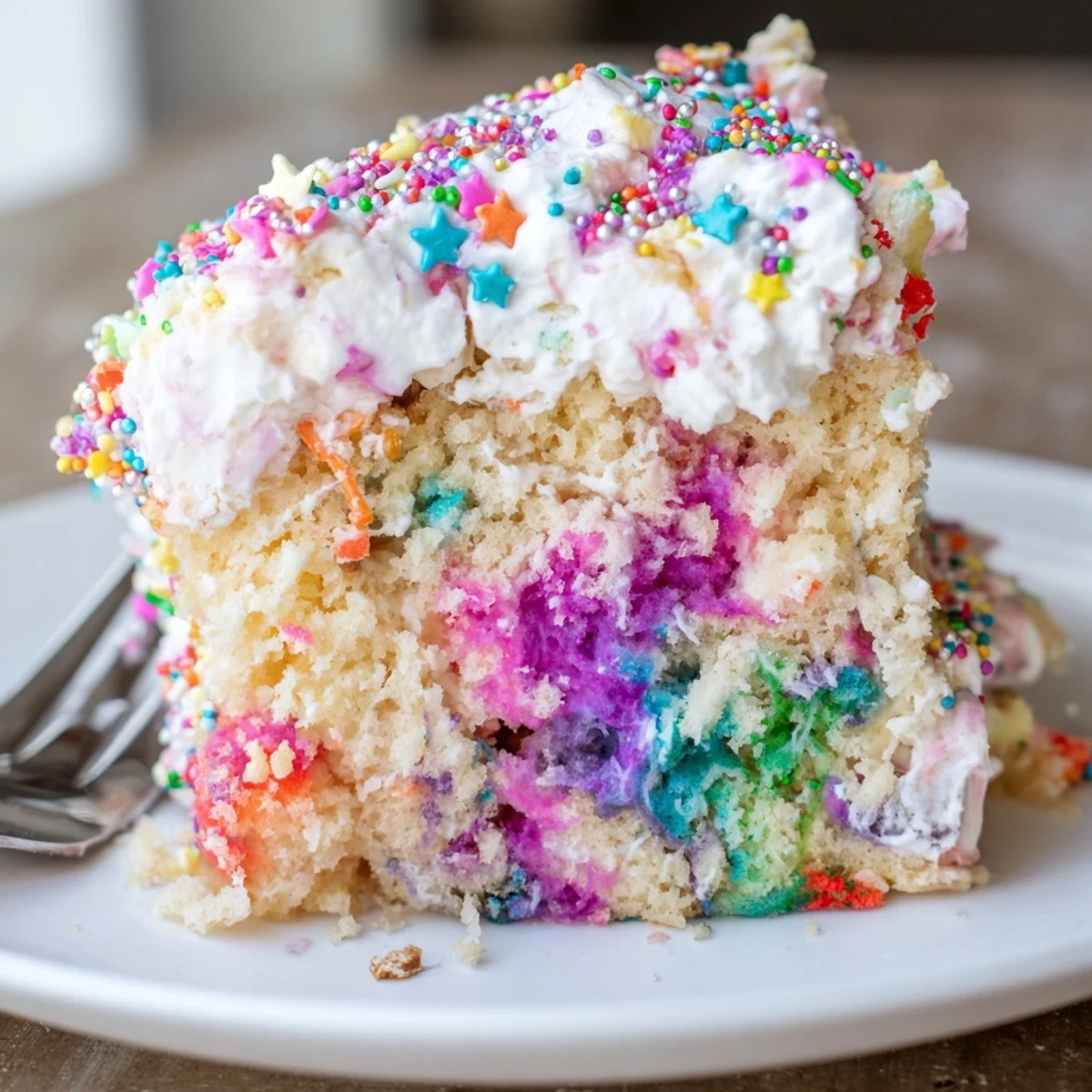 Pastel swirls of pink and blue pudding fill this festive Unicorn Poke Cake dessert.