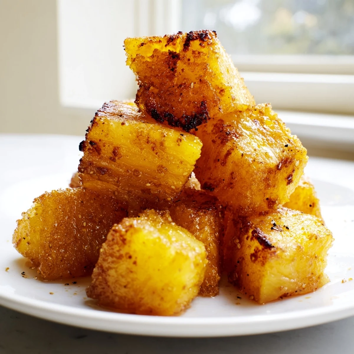 Golden caramelized air fryer pineapple chunks with crispy edges on a rustic serving plate