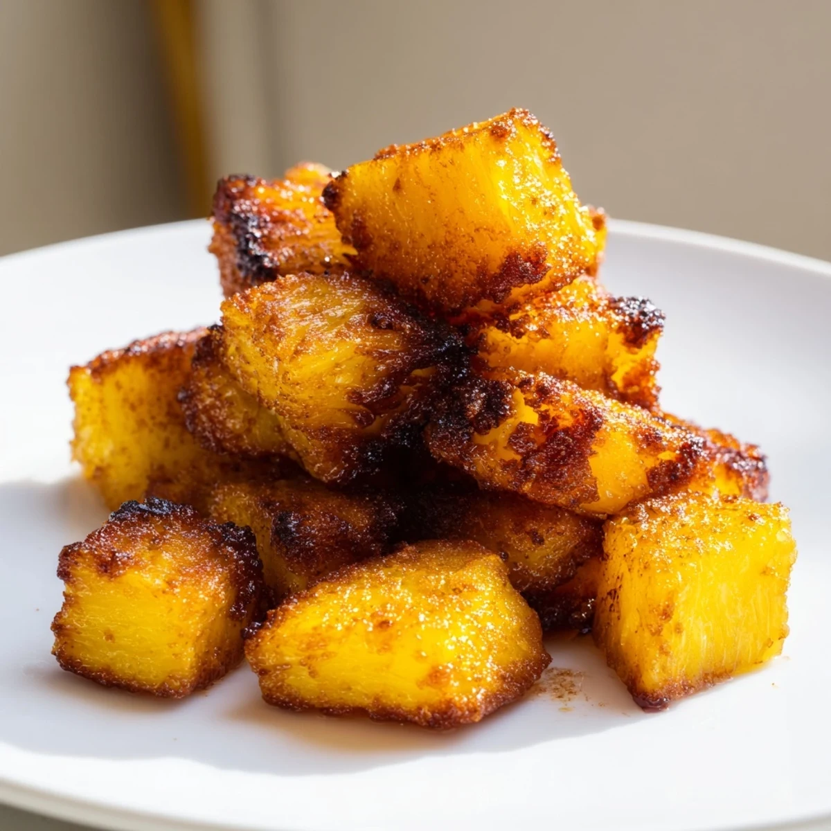 Sweet cinnamon-dusted air fryer pineapple chunks served warm over creamy vanilla yogurt