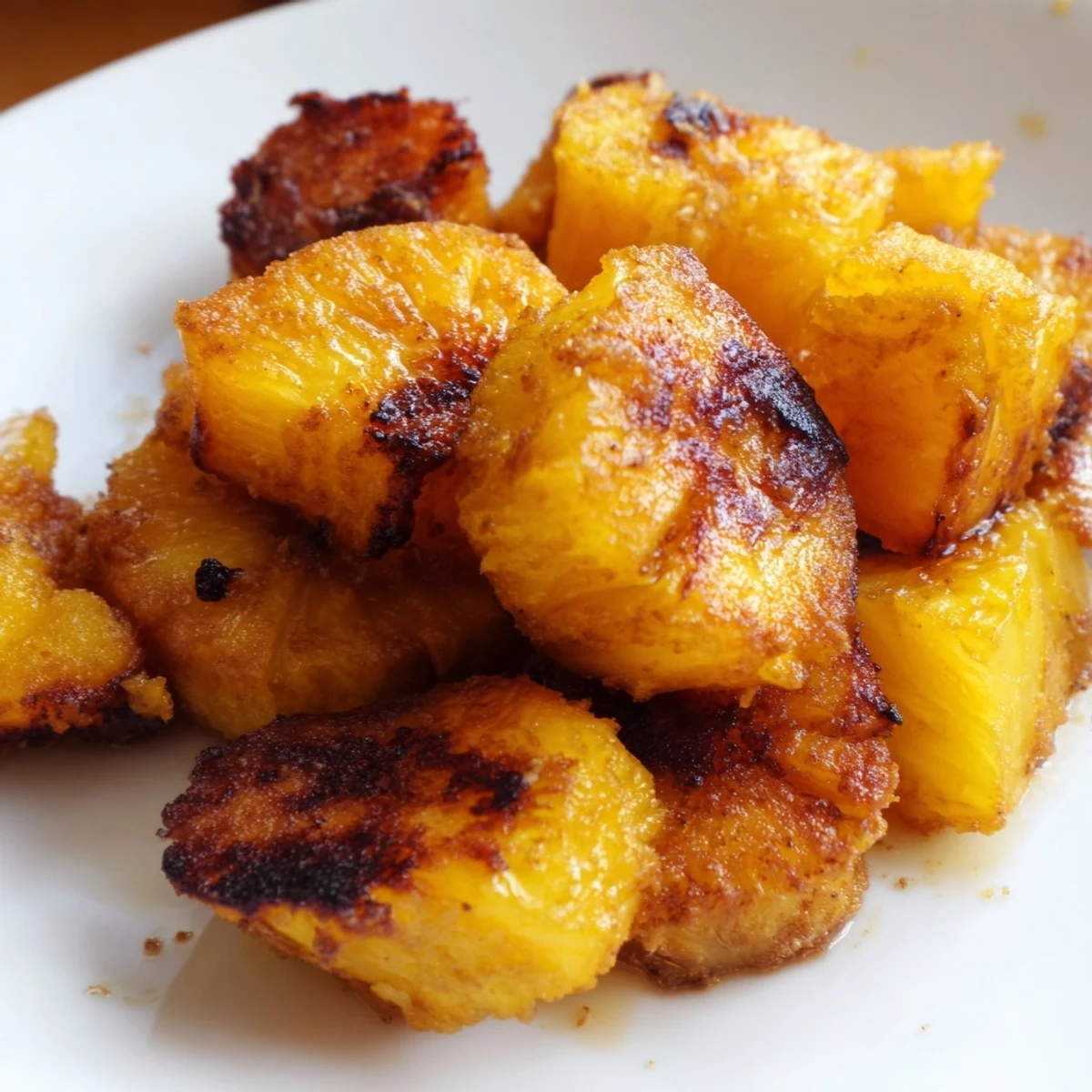 Juicy air fryer pineapple chunks glistening with brown sugar glaze in a bowl