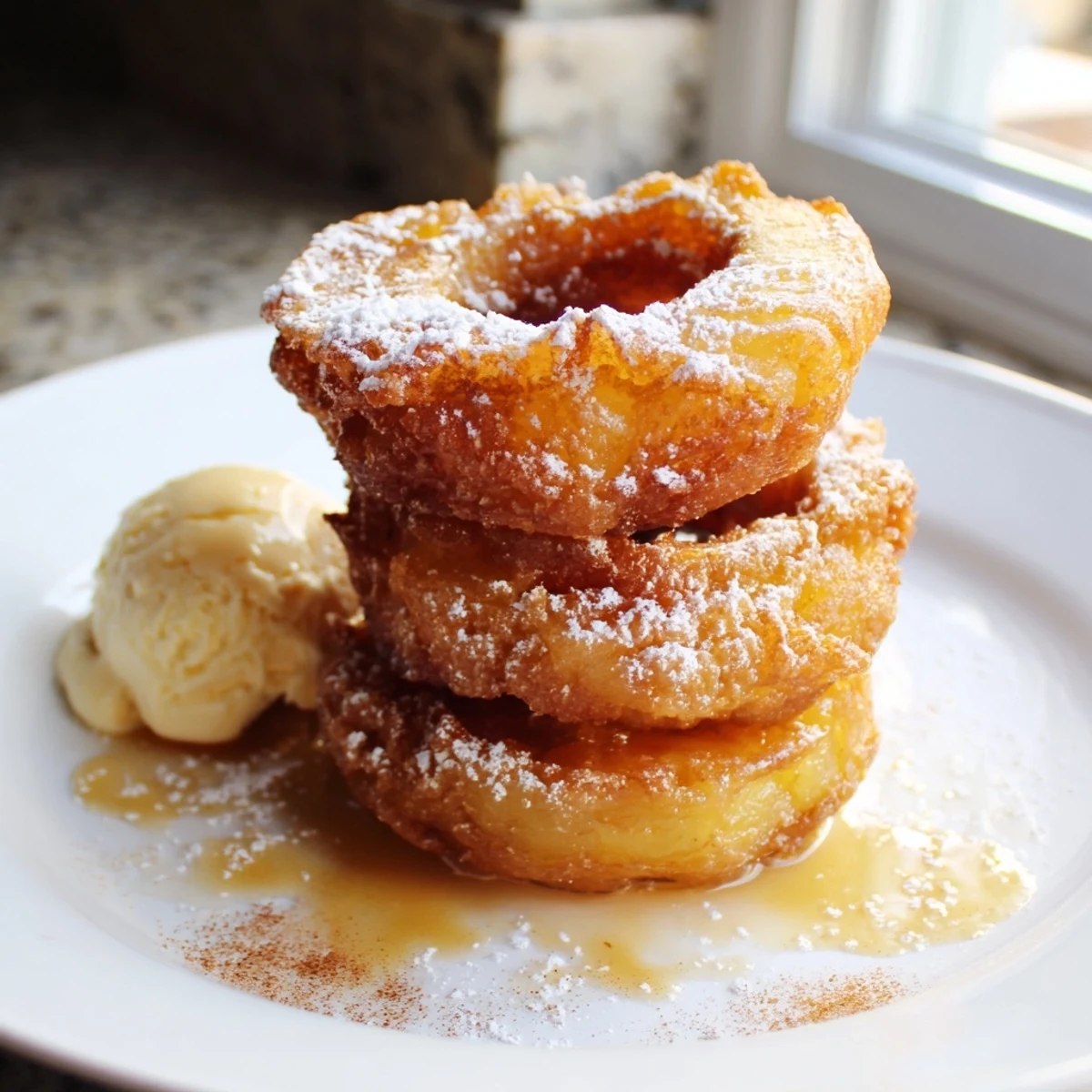 Golden fried pineapple rings dusted with powdered sugar on a white plate