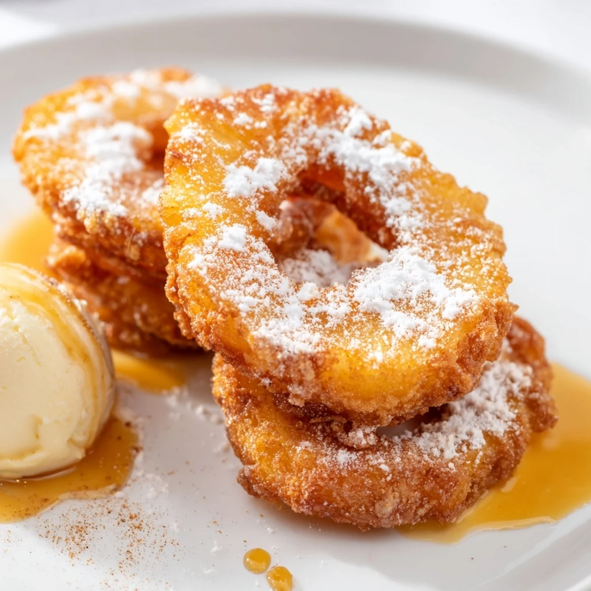 Fried pineapple rings served alongside scoops of creamy vanilla ice cream