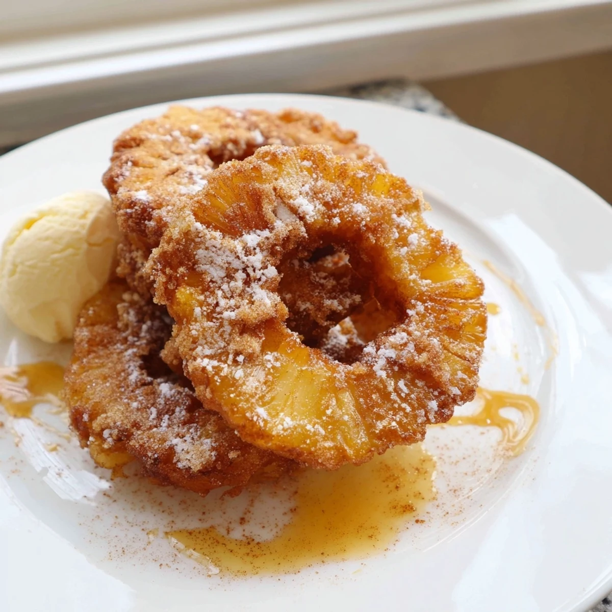 Crispy battered fried pineapple rings drizzled with warm caramel sauce