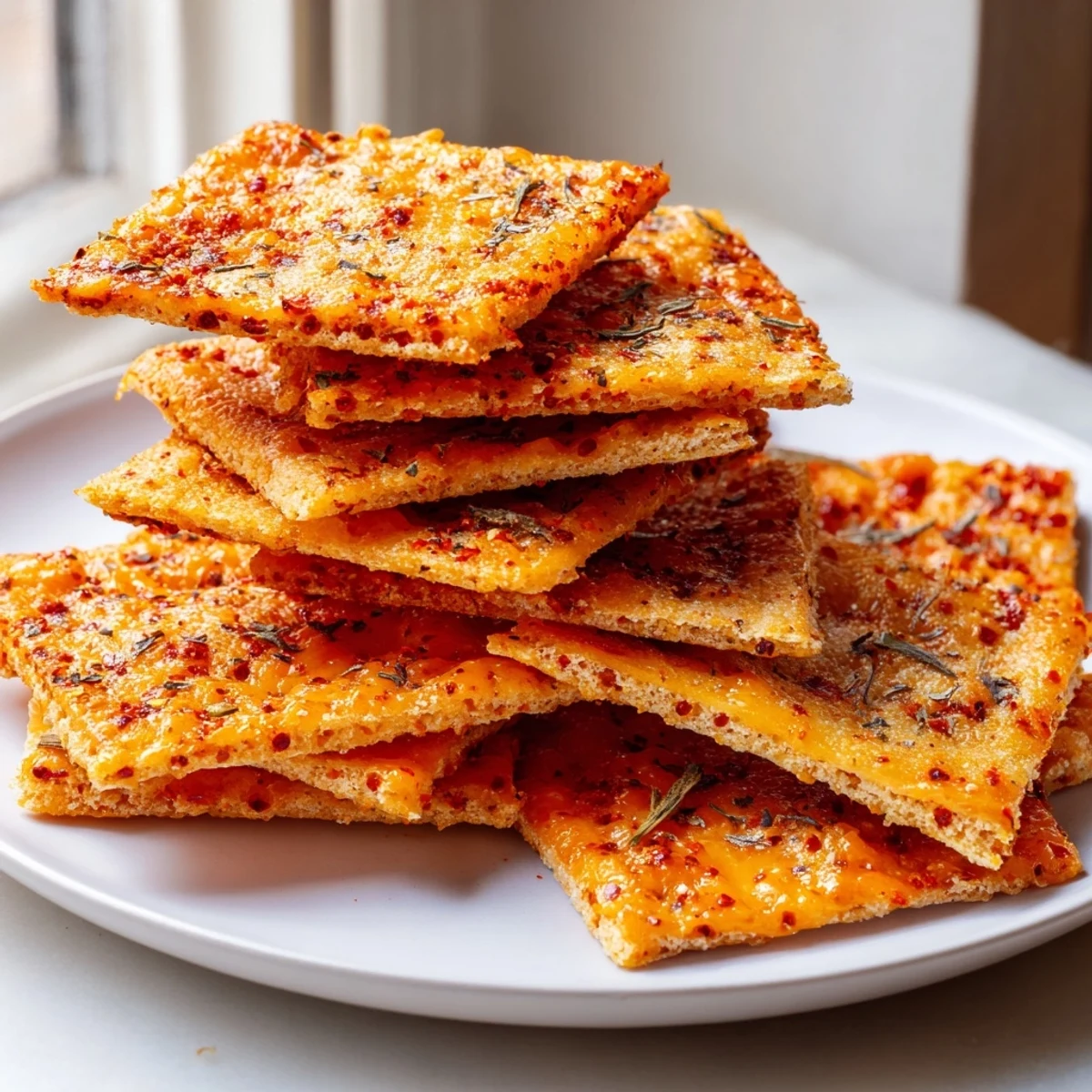 Crunchy taco crackers arranged on a rustic board beside fresh salsa and guacamole