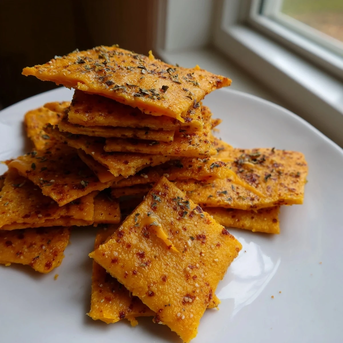 Golden taco crackers with melted cheddar and oregano on a parchment-lined baking sheet