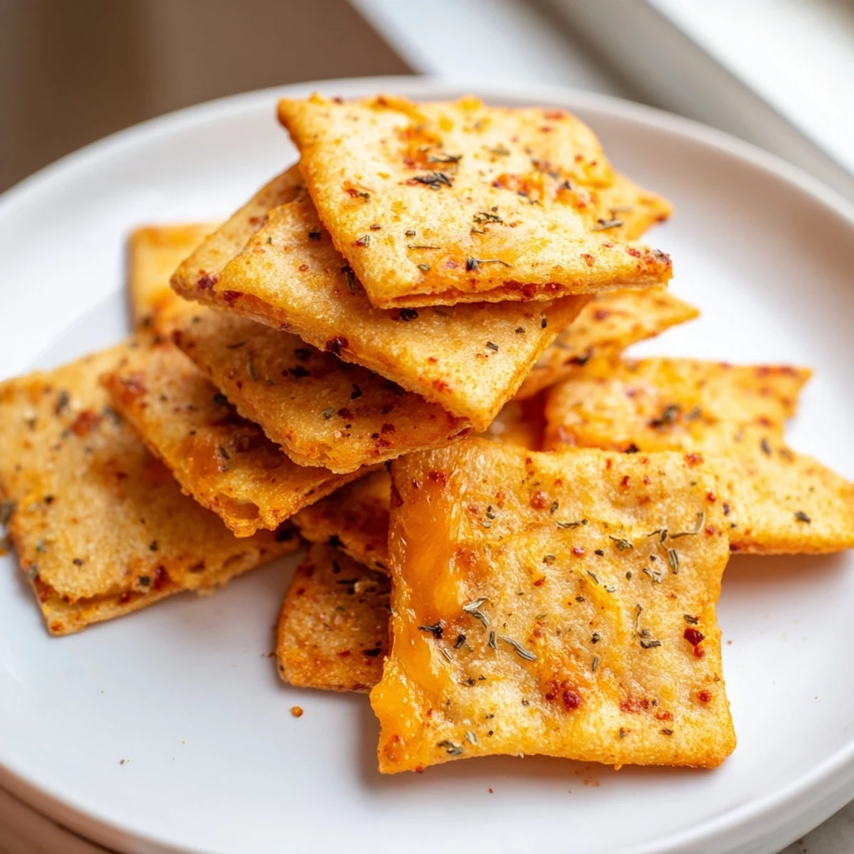 Spiced taco crackers fresh from the oven, sprinkled with shredded cheese and dried herbs