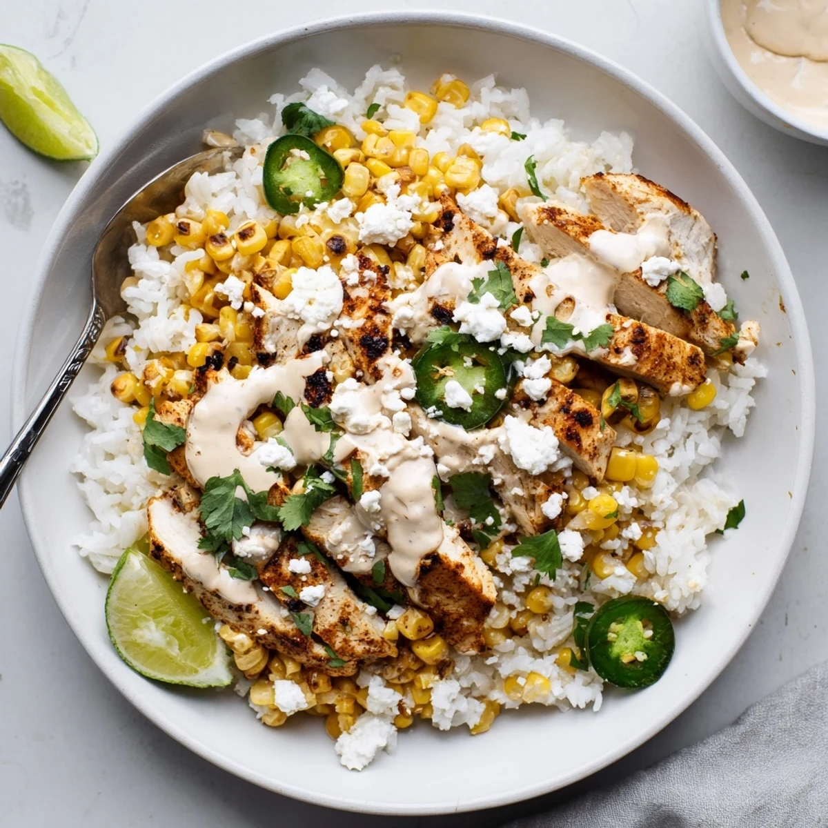 Charred corn and creamy sauce drizzled over a street corn chicken rice bowl