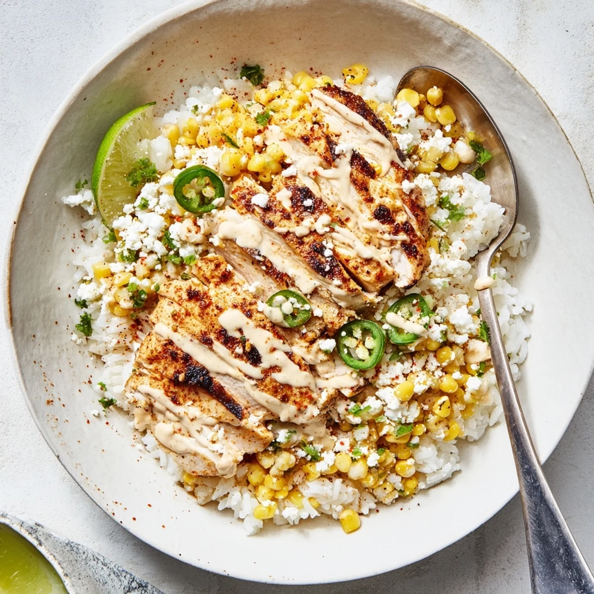 Sliced grilled chicken over fluffy rice in a street corn chicken rice bowl