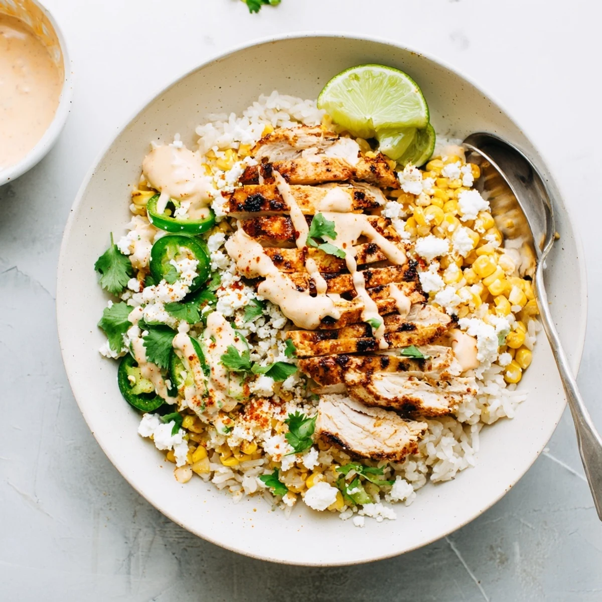 A vibrant street corn chicken rice bowl topped with crumbled cotija and cilantro