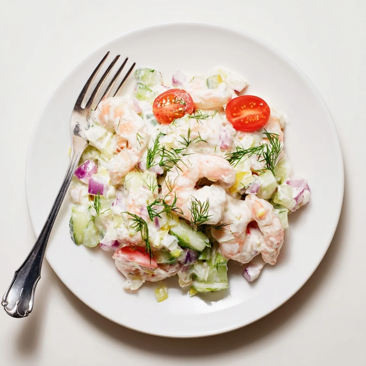 Pink shrimp salad recipe with crisp cucumber, cherry tomatoes, and creamy lemon dressing
