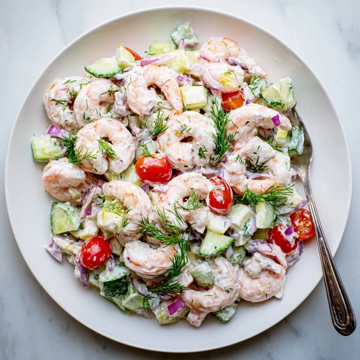 Chilled shrimp salad recipe served over leafy greens with fresh dill and red onion