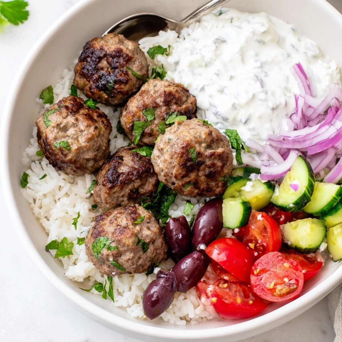 Juicy browned Greek meatball bowl topped with crumbled feta and cool tzatziki sauce