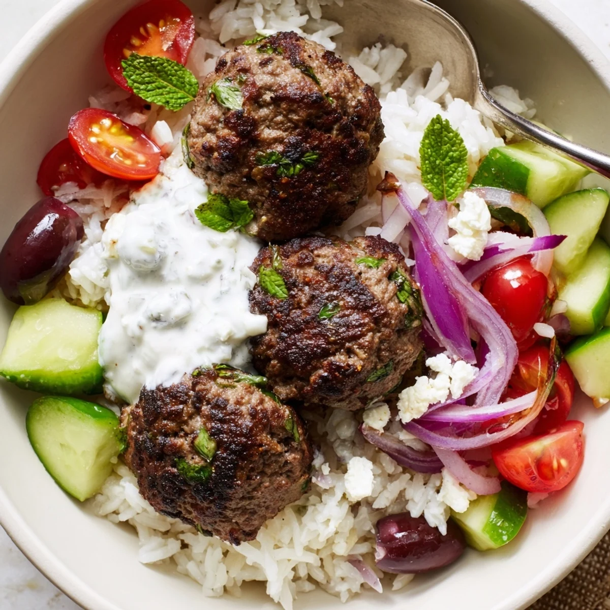 Mediterranean Greek meatball bowl drizzled with creamy tzatziki alongside a fresh lemon wedge
