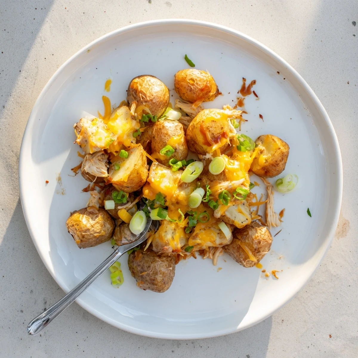 Golden roasted potatoes loaded with honey BBQ chicken and melted cheddar cheese