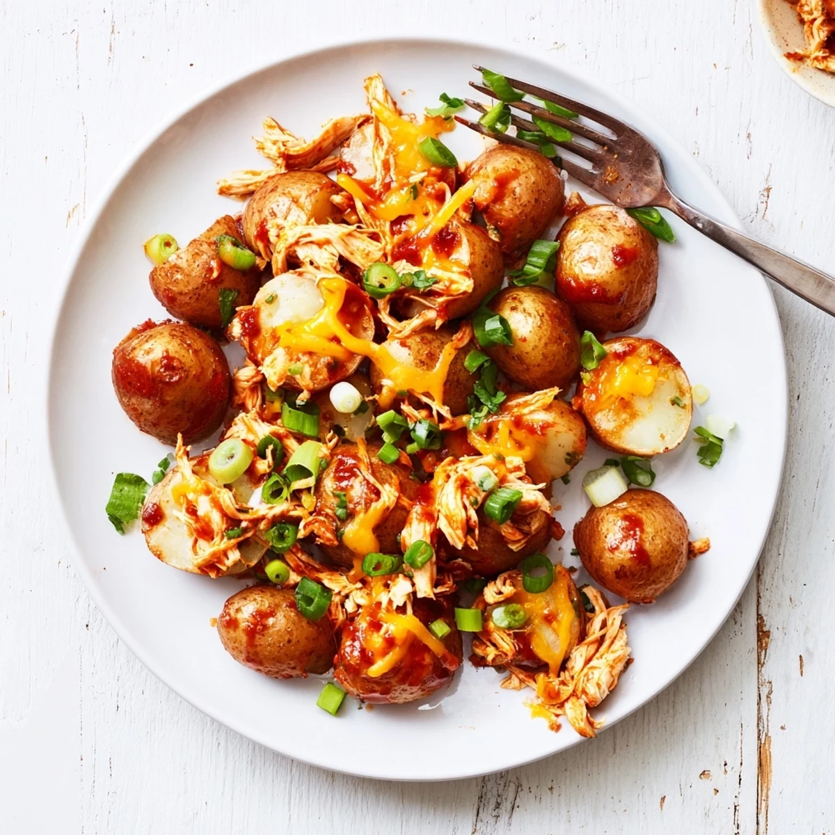 Sliced honey BBQ chicken over crispy potatoes garnished with green onions and parsley