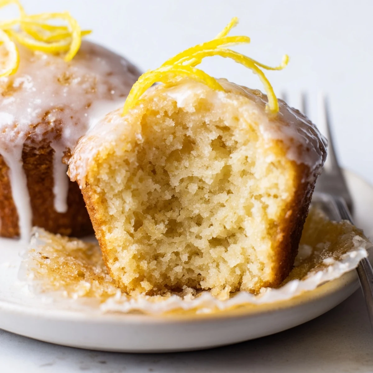 Glazed Lemon Ginger Muffins sitting on wire rack, glossy glaze catching light  