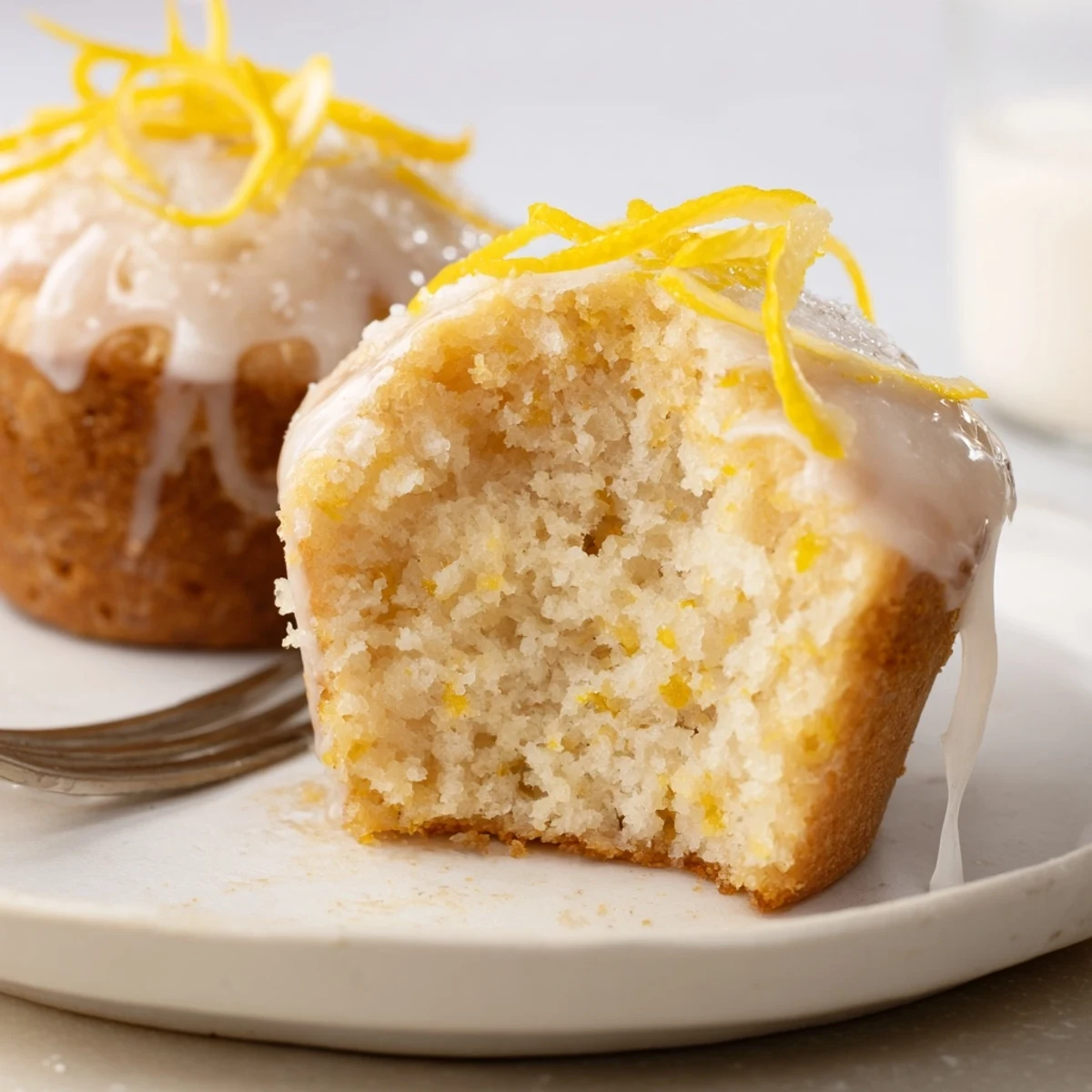 A plate of Glazed Lemon Ginger Muffins topped with lemon-ginger glaze, tender crumb