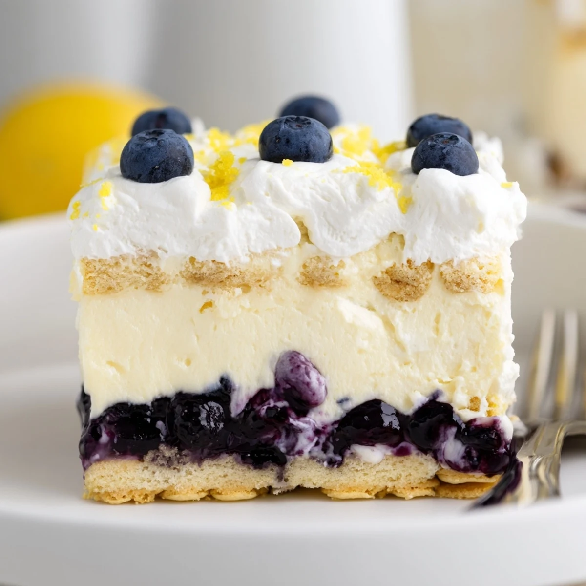 Lemon Blueberry Lasagna Recipe: creamy lemon layers, glossy blueberry swirl, chilled serving
