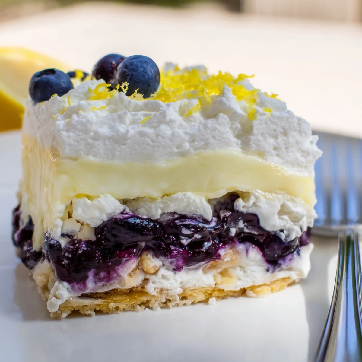 Chilled Lemon Blueberry Lasagna Recipe sliced on plate, buttery crust visible