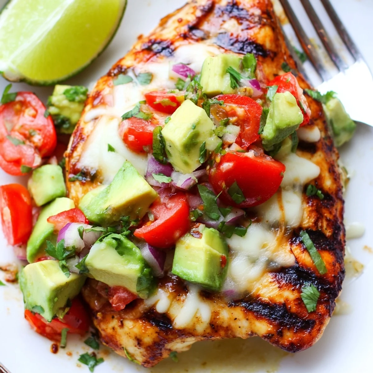 Grilled Fiesta Lime Chicken With Avocado topped with melting cheese and lime